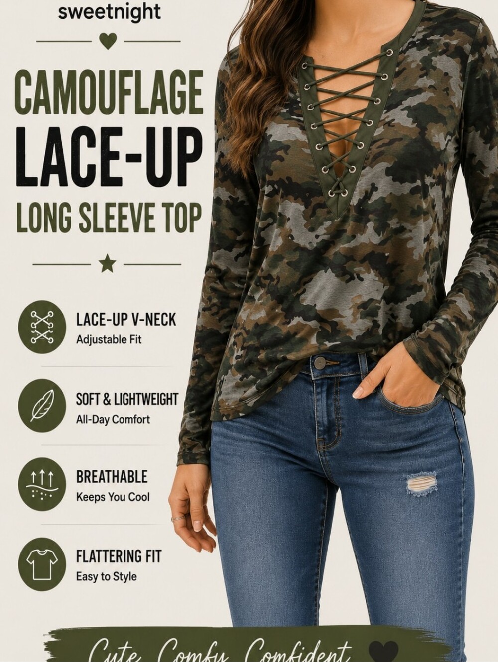 Camouflage Lace-Up Long Sleeve Top